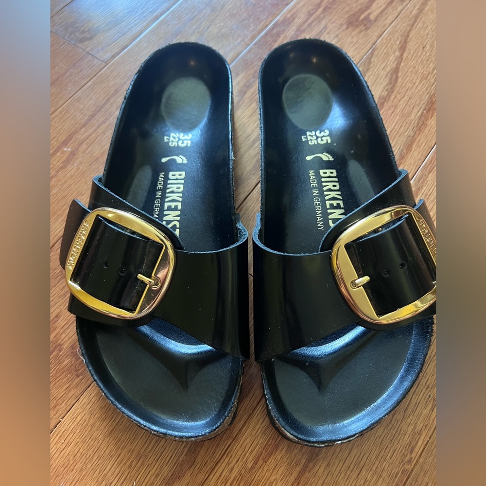Birkenstock Black Slides with Gold Buckle